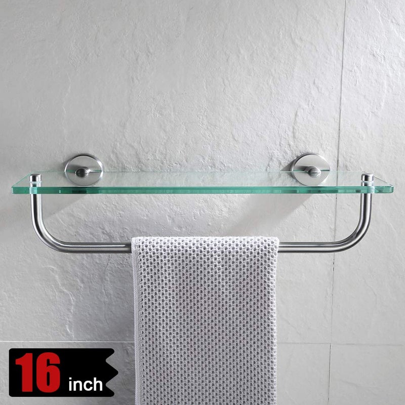 JQK Bathroom Glass Shelf, Shelf with 15 Inch Towel Bar Tempered Glass Shower Storage 16 by 5 inches, 304 Stainless Steel Brushed Finish Wall Mount, TGS100-BN - Image 3
